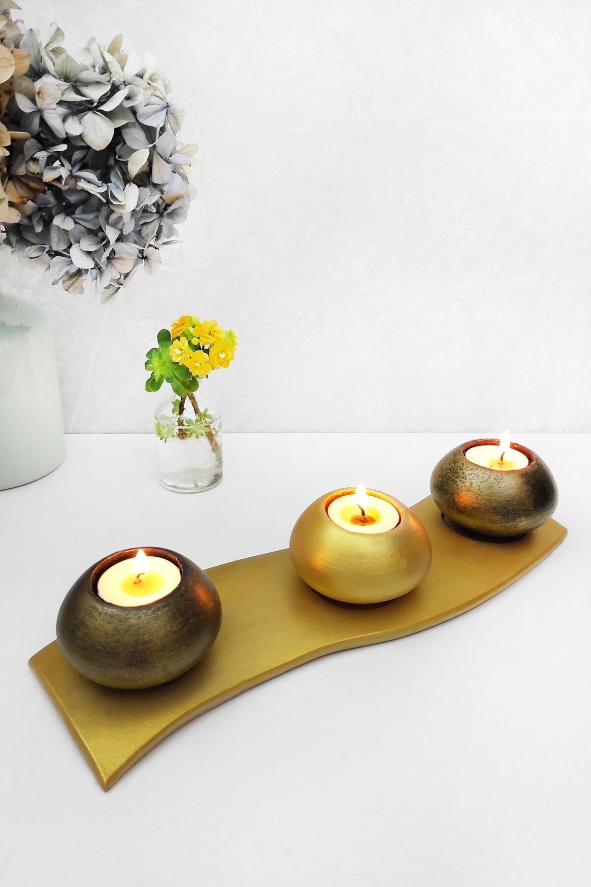 4 Parça Gold Tabaklı Gold & Bakır Beton Mumluk